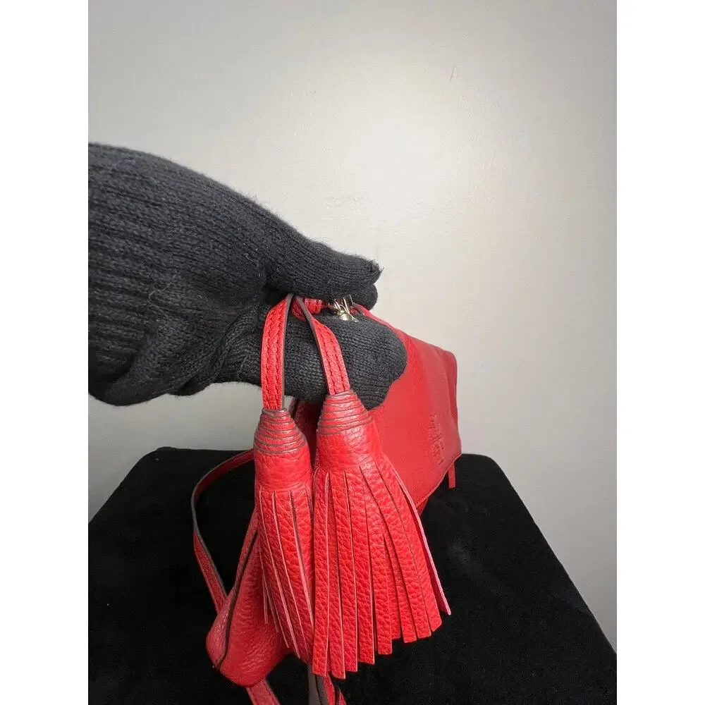 Tory Burch Pebbled Leather Foldover Crossbody Red Coral Tassel Shoulder Purse